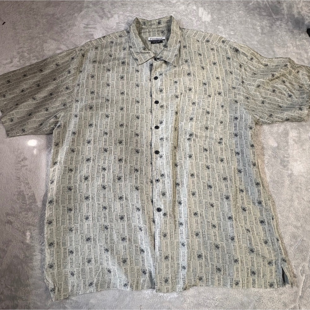Firethorn Silver Mens XL Silk Button Down Shirt Dragon Print Short Sleeve Green